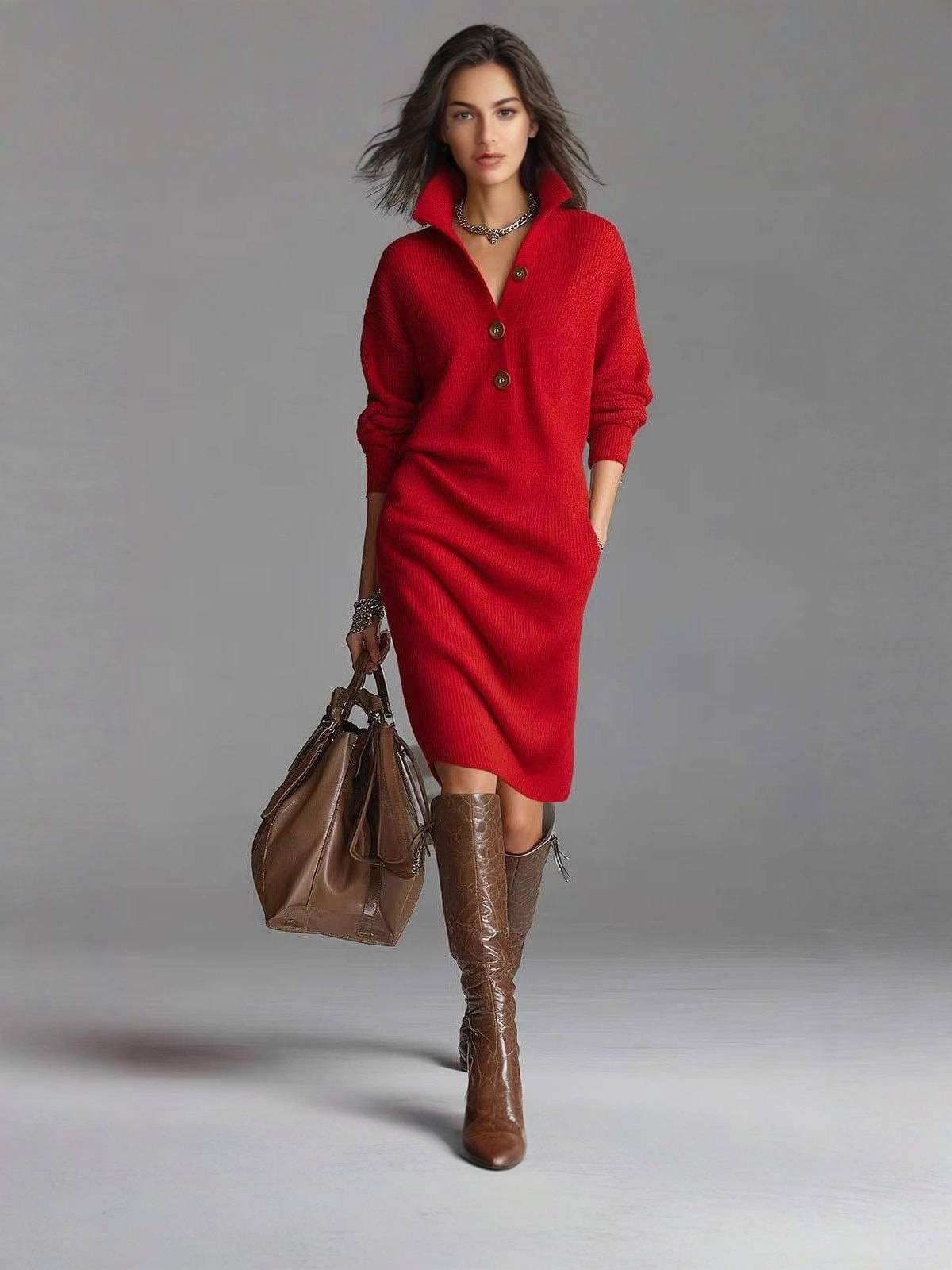 Women's Ribbed Knit Sweater Dress with Buttoned Stand Collar