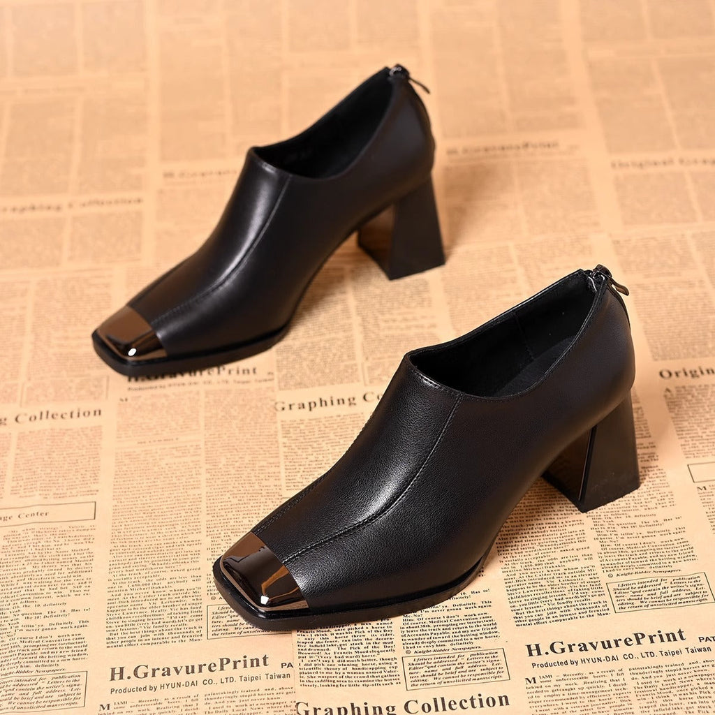 Women's Back-Zip Ankle Boots with Metallic Toe Detail - Dark Brown