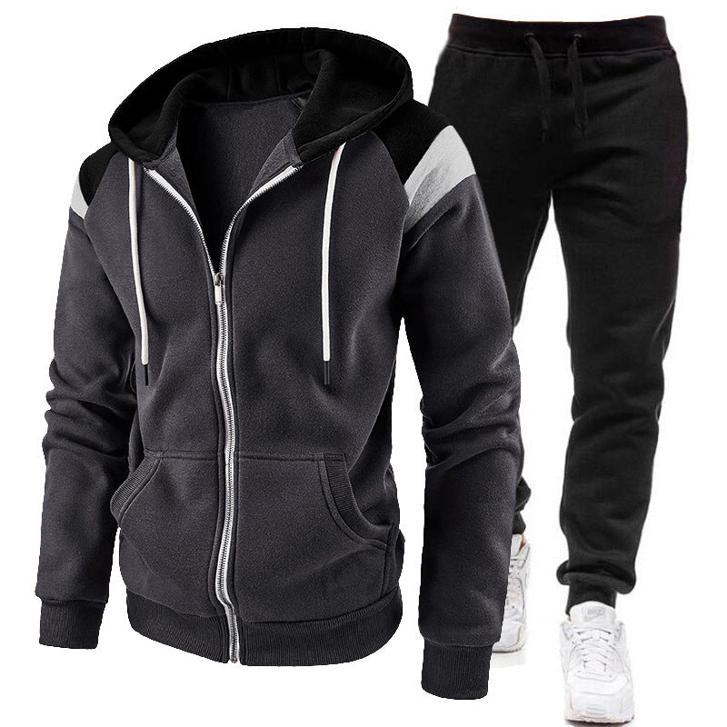 Men's Panelled Zip Hoodie and Fleece Jogger Set - Dark Gray/Black