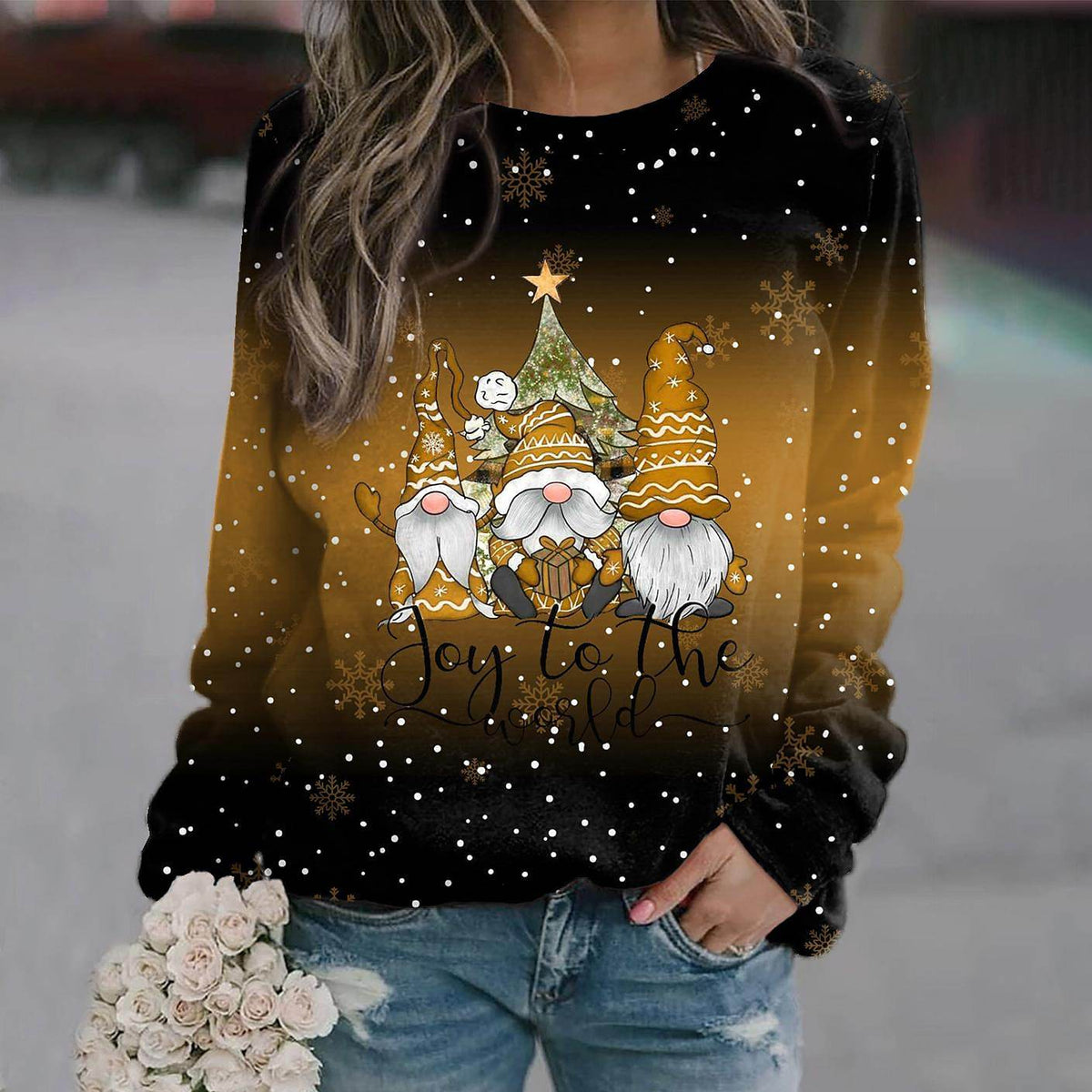 Women's Christmas Gnome Graphic Crew Neck Sweatshirt - Mustard Yellow