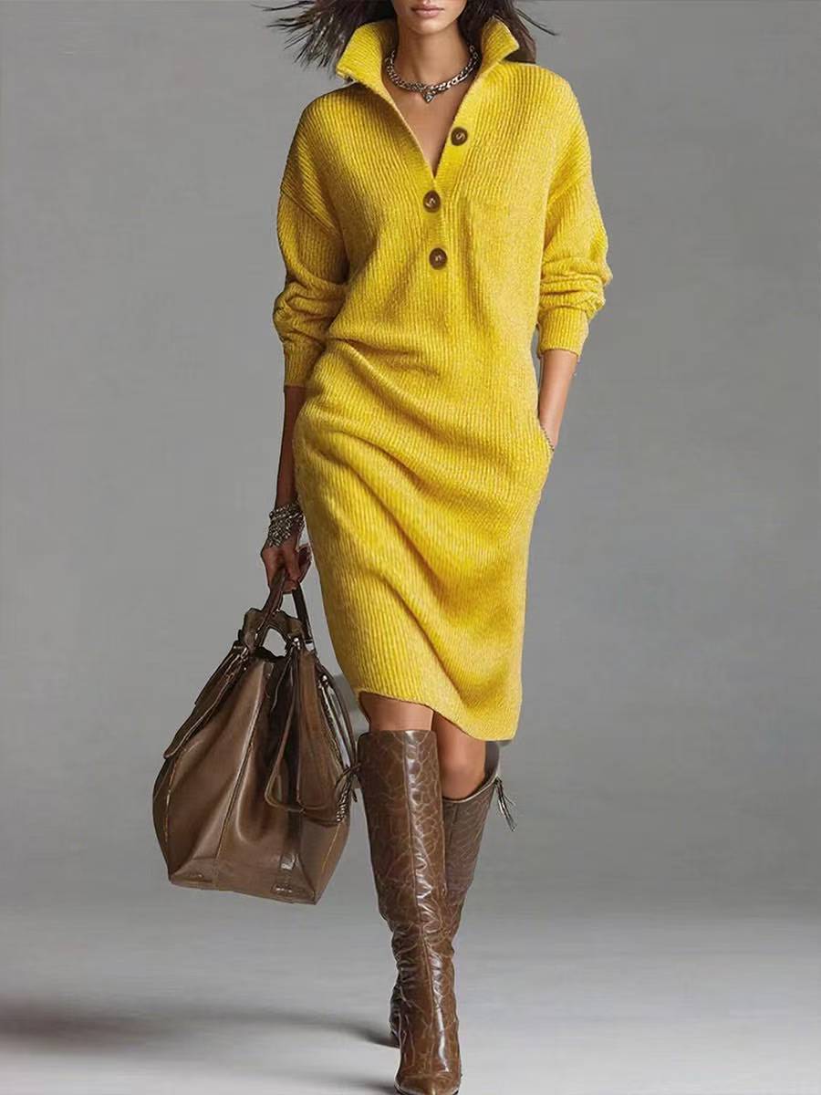 Women's Ribbed Knit Sweater Dress with Buttoned Stand Collar - Yellow