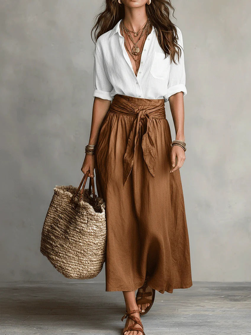 Women's Relaxed Shirt and Tie-Waist Midi Skirt Set - Brown