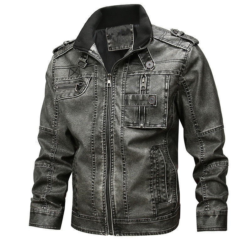 Men's Multi-Pocket Utility Leather Jacket - Khaki