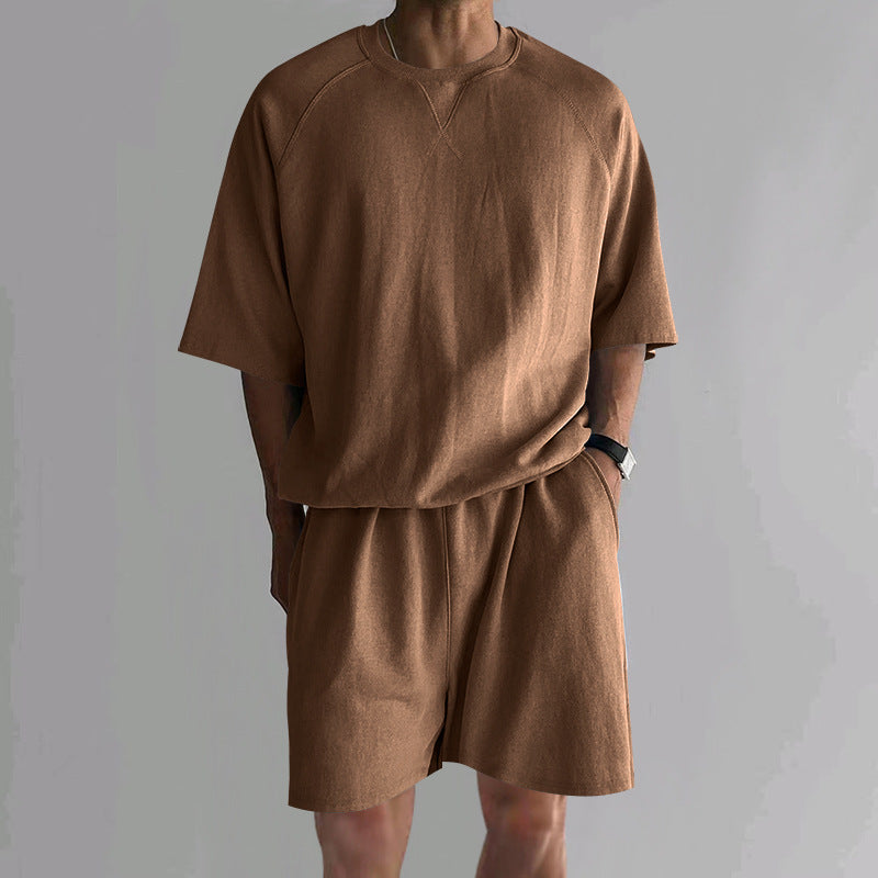 Men's Terry Drawstring Shorts and T-Shirt Set - Brown