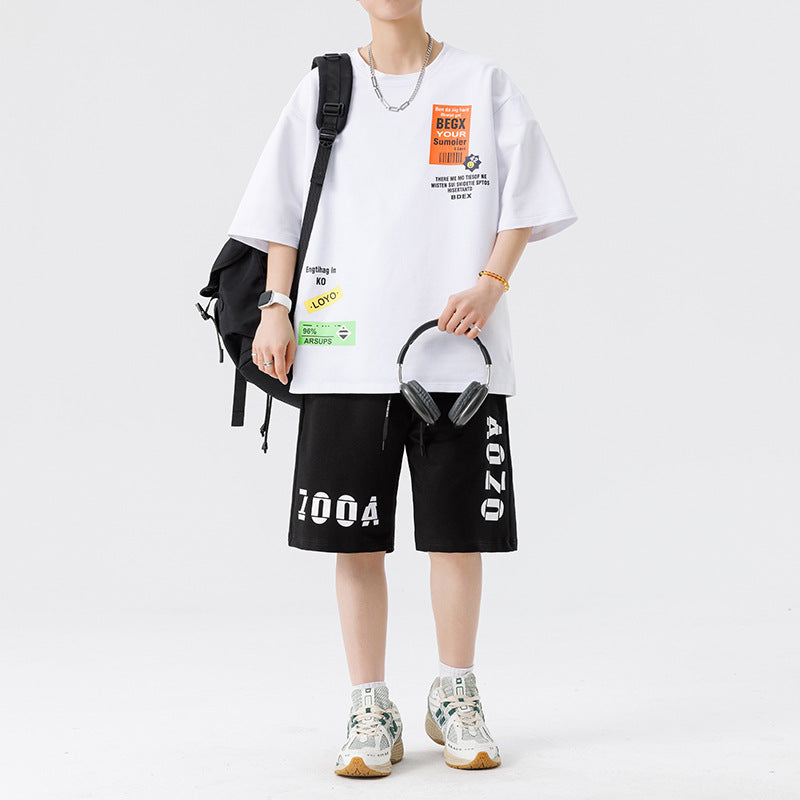Men's Printed Oversized T-Shirt and Relaxed Shorts Set - White/Black
