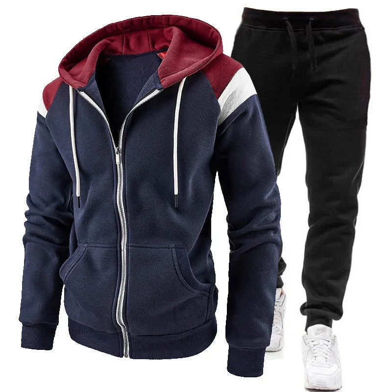 Men's Panelled Zip Hoodie and Fleece Jogger Set - Navy Blue/Black