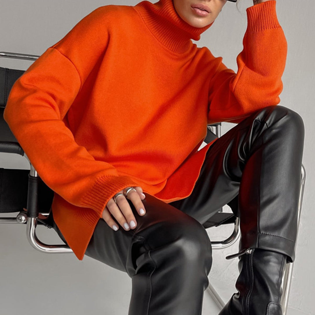 Women's Relaxed Fit Turtleneck Sweater with Side Splits