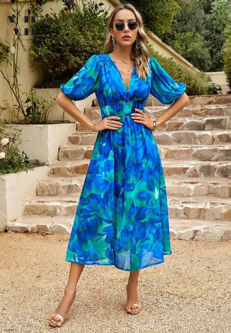 Women's Floral V-Neck A-Line Midi Dress