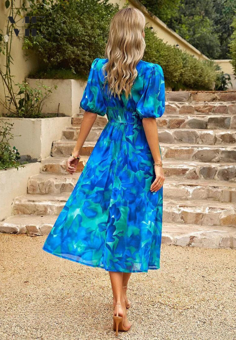 Women's Floral V-Neck A-Line Midi Dress