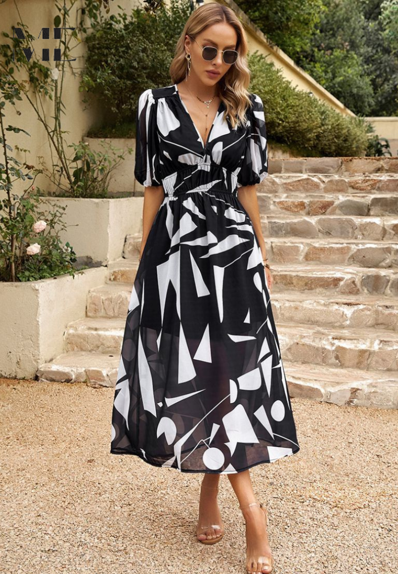 Women's Floral V-Neck A-Line Midi Dress