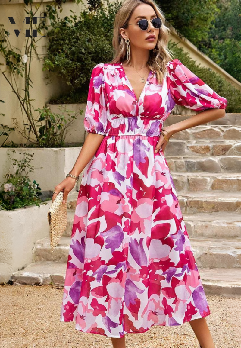 Women's Floral V-Neck A-Line Midi Dress