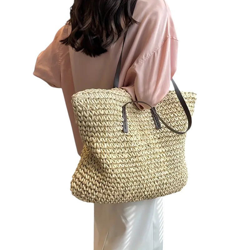 Women's Woven Beach Tote Bag - Large Summer Vacation Shoulder Handbag