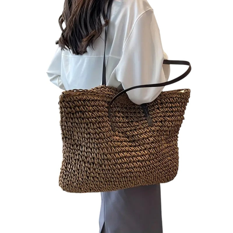Women's Woven Beach Tote Bag - Large Summer Vacation Shoulder Handbag