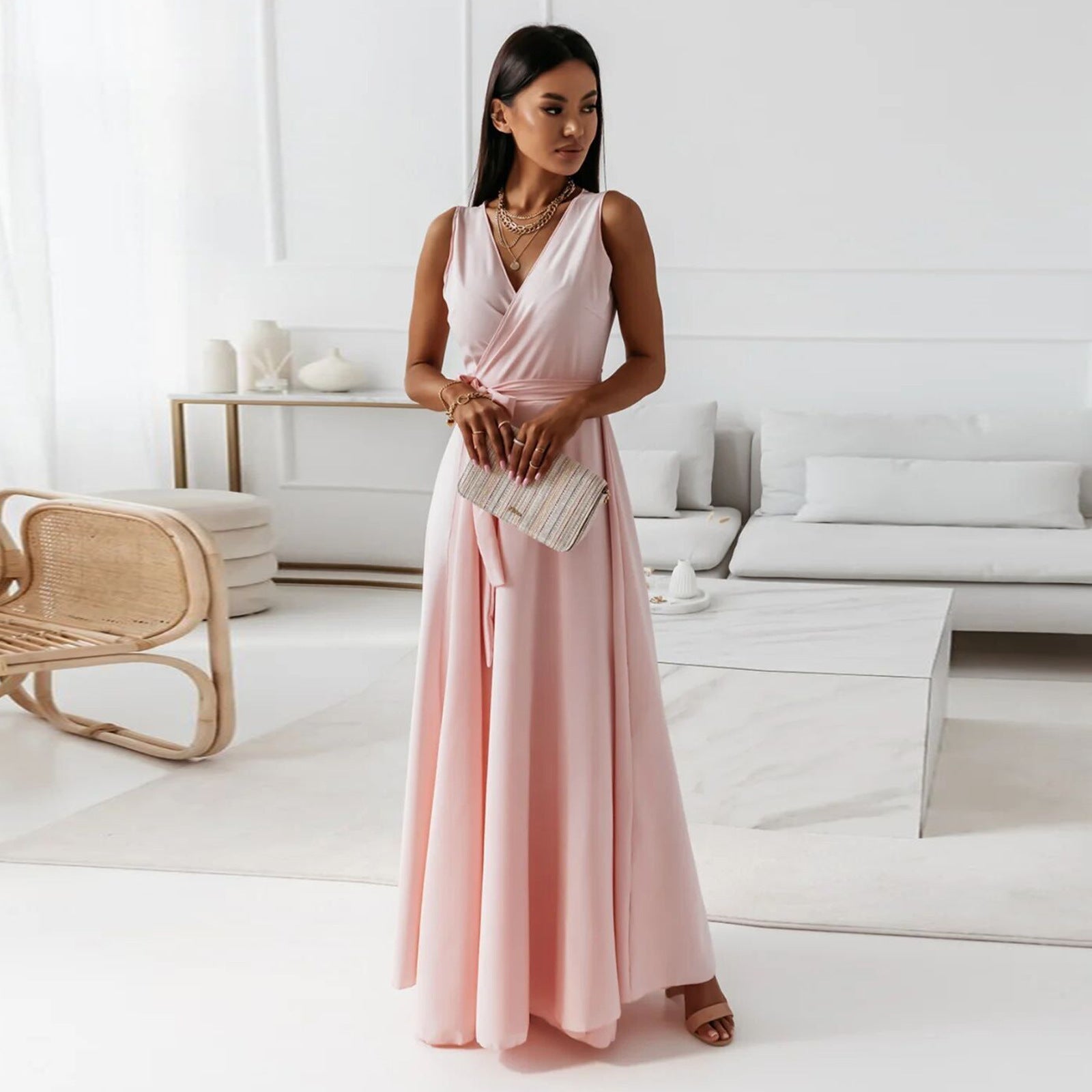 Women's Sleeveless V-Neck Wrap Maxi Dress