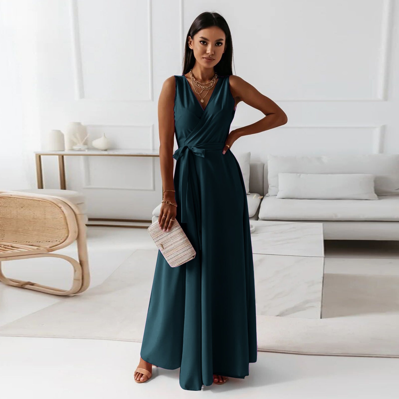 Women's Sleeveless V-Neck Wrap Maxi Dress
