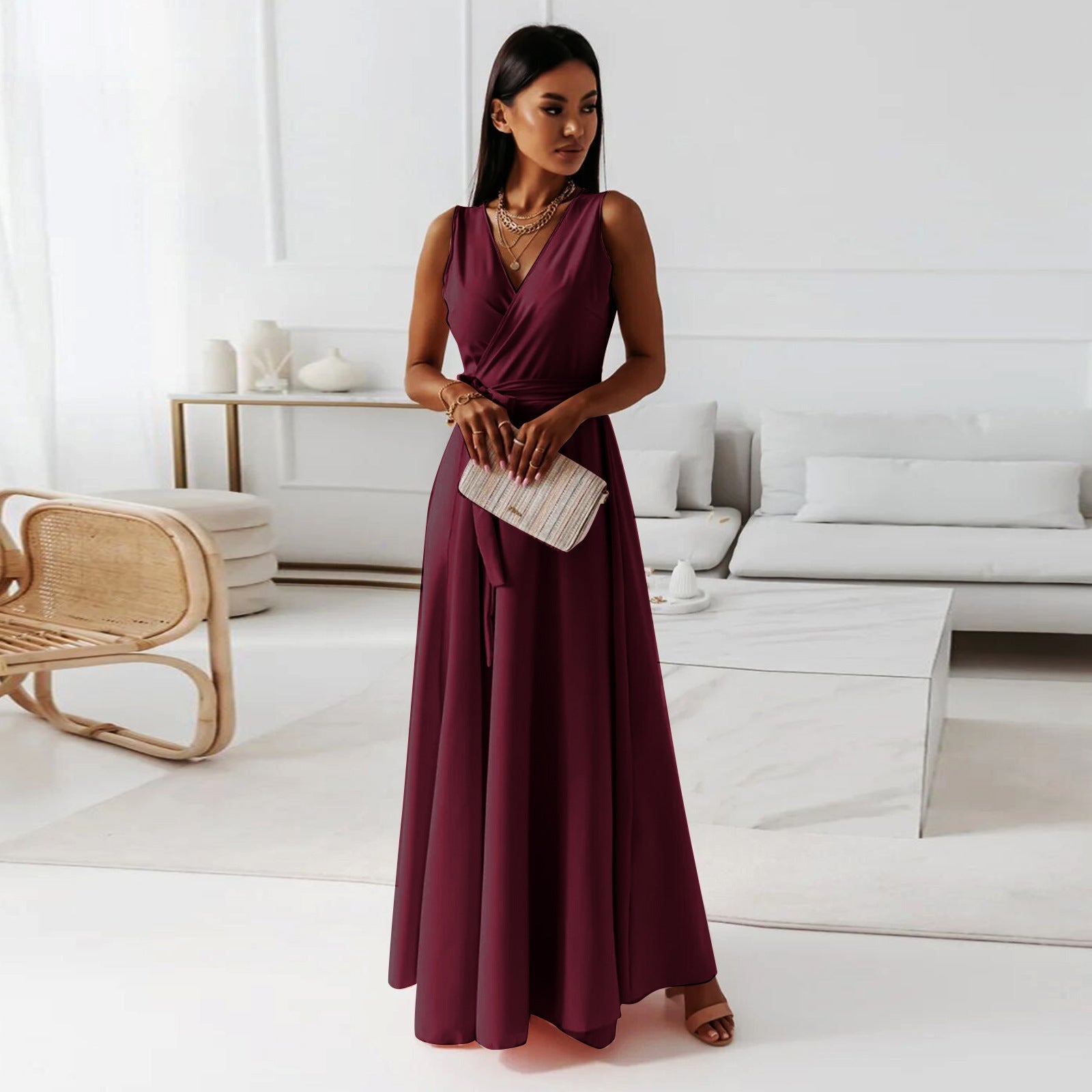 Women's Sleeveless V-Neck Wrap Maxi Dress