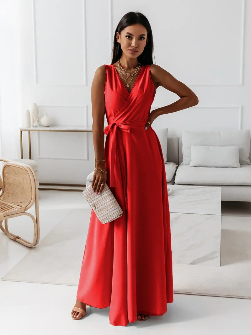 Women's Sleeveless V-Neck Wrap Maxi Dress