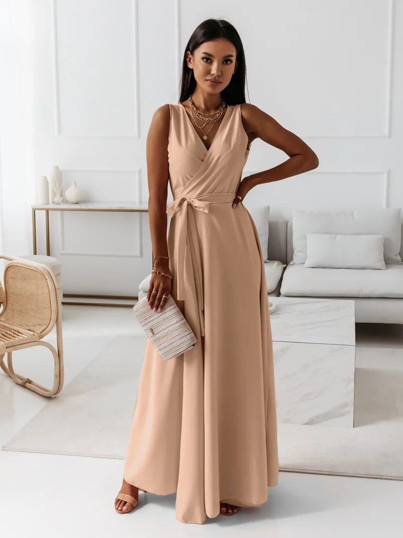 Women's Sleeveless V-Neck Wrap Maxi Dress