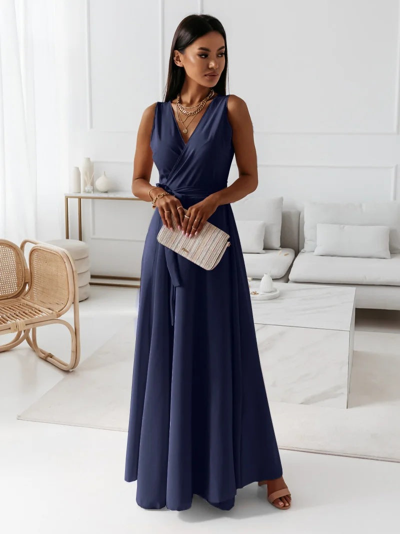Women's Sleeveless V-Neck Wrap Maxi Dress