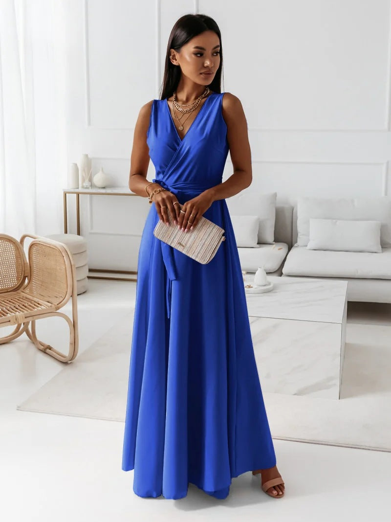 Women's Sleeveless V-Neck Wrap Maxi Dress
