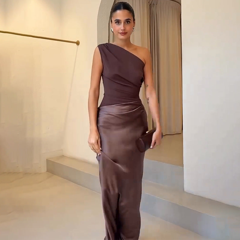 Women's Satin One-Shoulder Maxi Dress