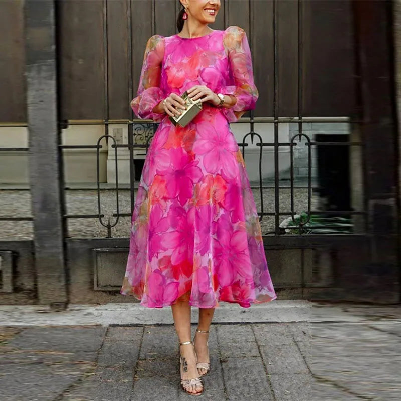 Women's Floral Sheer-Sleeve Midi Dress