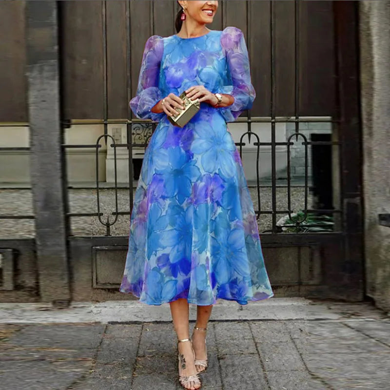 Women's Floral Sheer-Sleeve Midi Dress