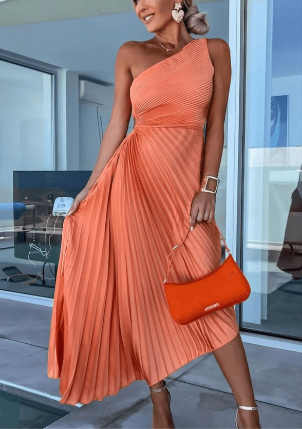 Women's One-Shoulder Pleated Maxi Dress