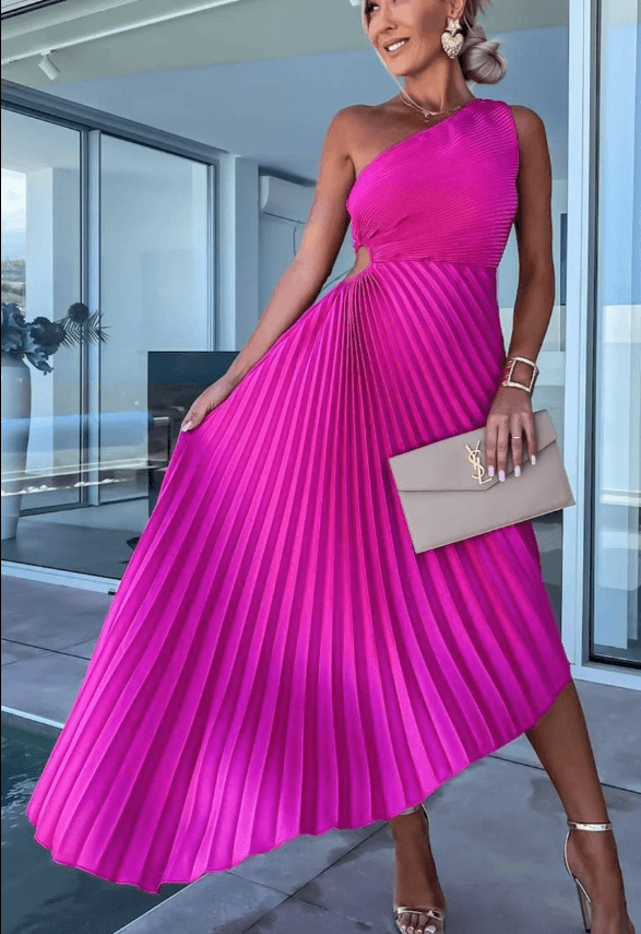 Women's One-Shoulder Pleated Maxi Dress