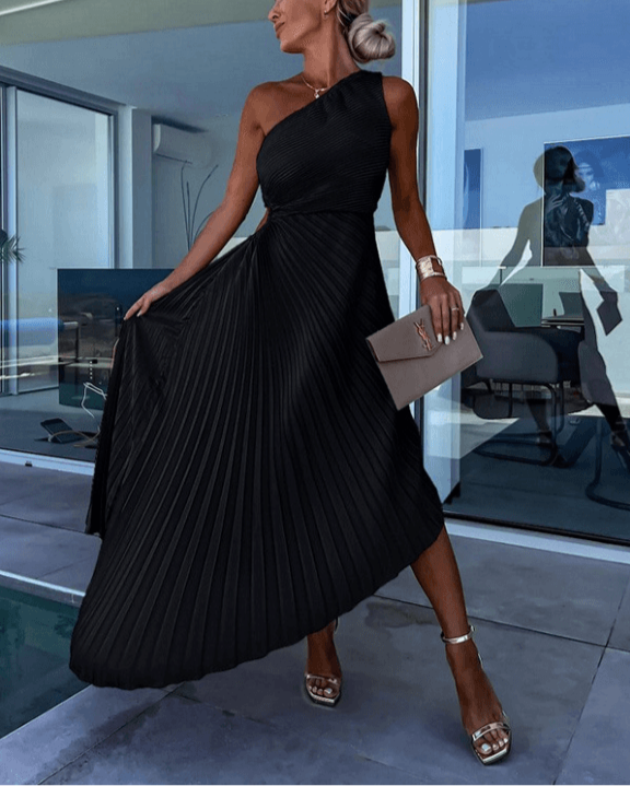 Women's One-Shoulder Pleated Maxi Dress