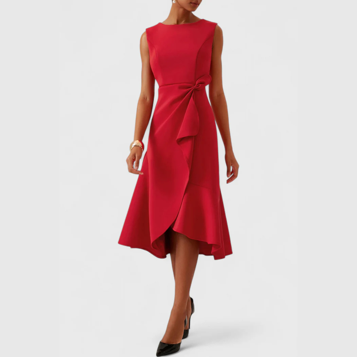 Women's Draped Sleeveless Ruffle Midi Dress