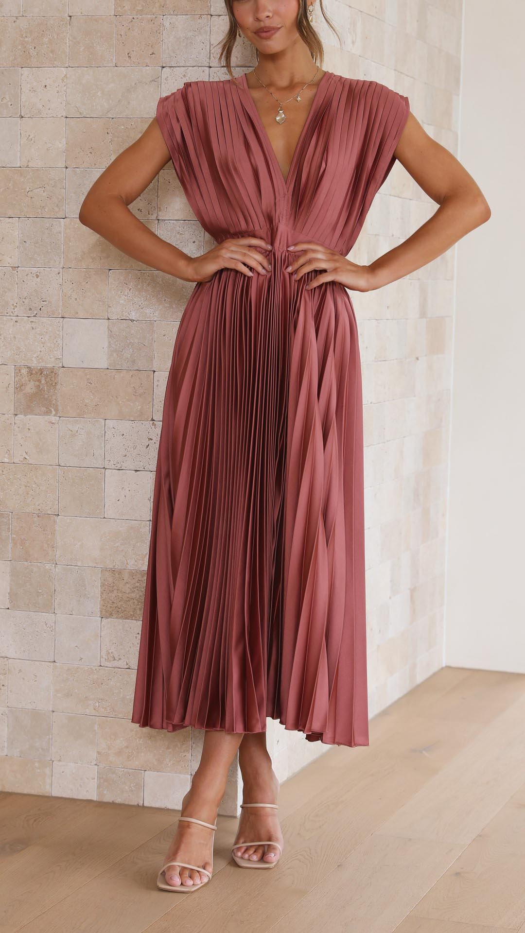 Women's Pleated V-Neck A-Line Midi Dress