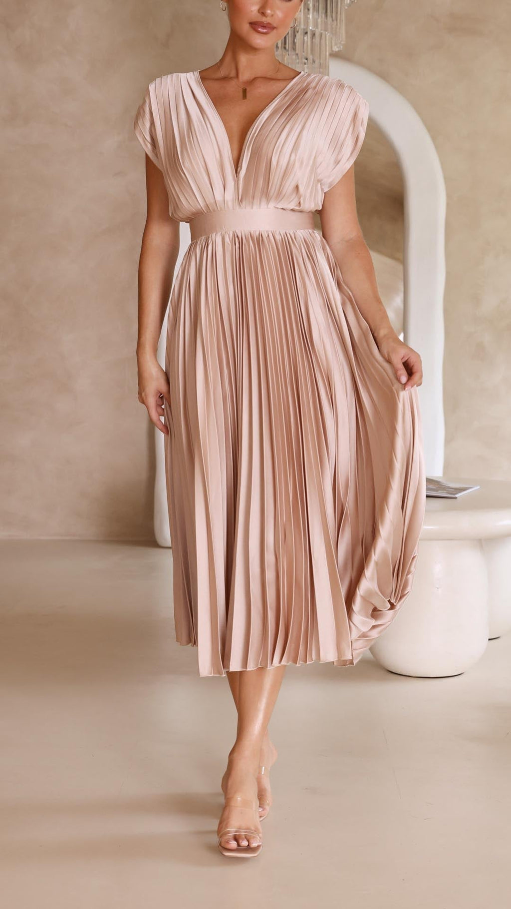 Women's Pleated V-Neck A-Line Midi Dress