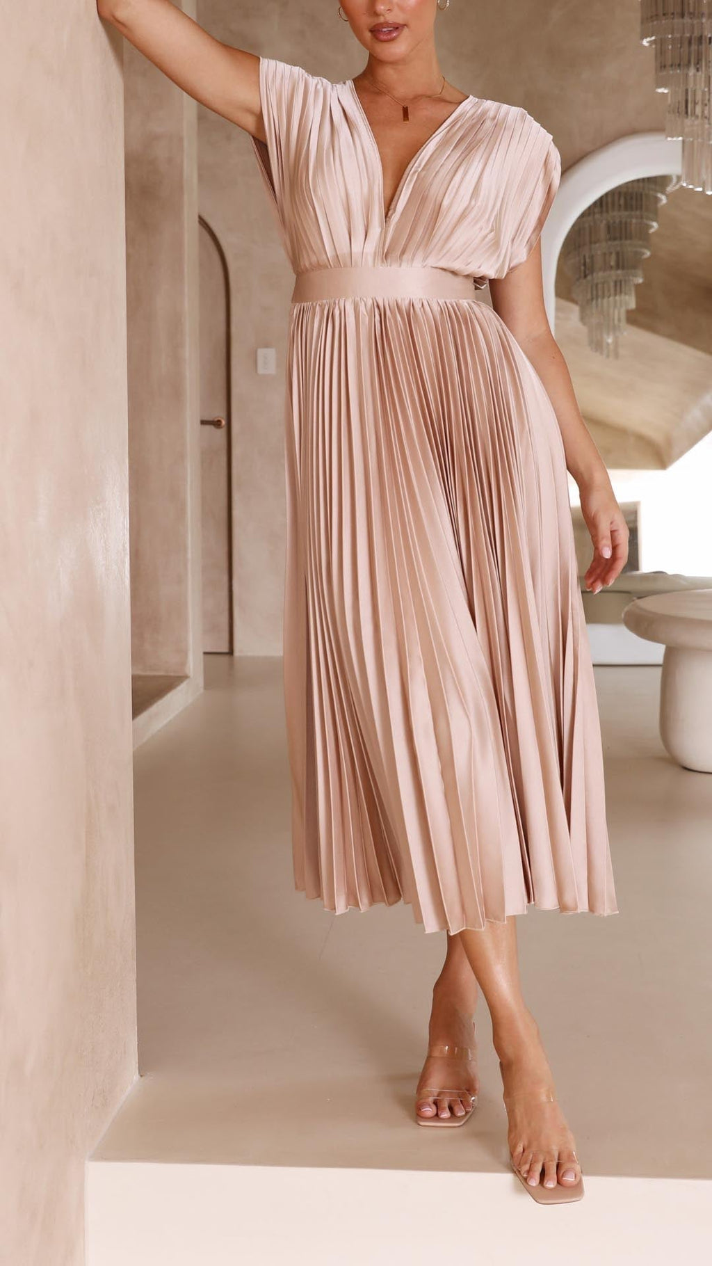 Women's Pleated V-Neck A-Line Midi Dress