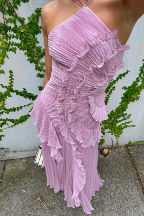 Women's Pleated Halter Ruffle Maxi Dress