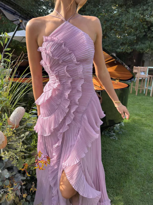 Women's Pleated Halter Ruffle Maxi Dress