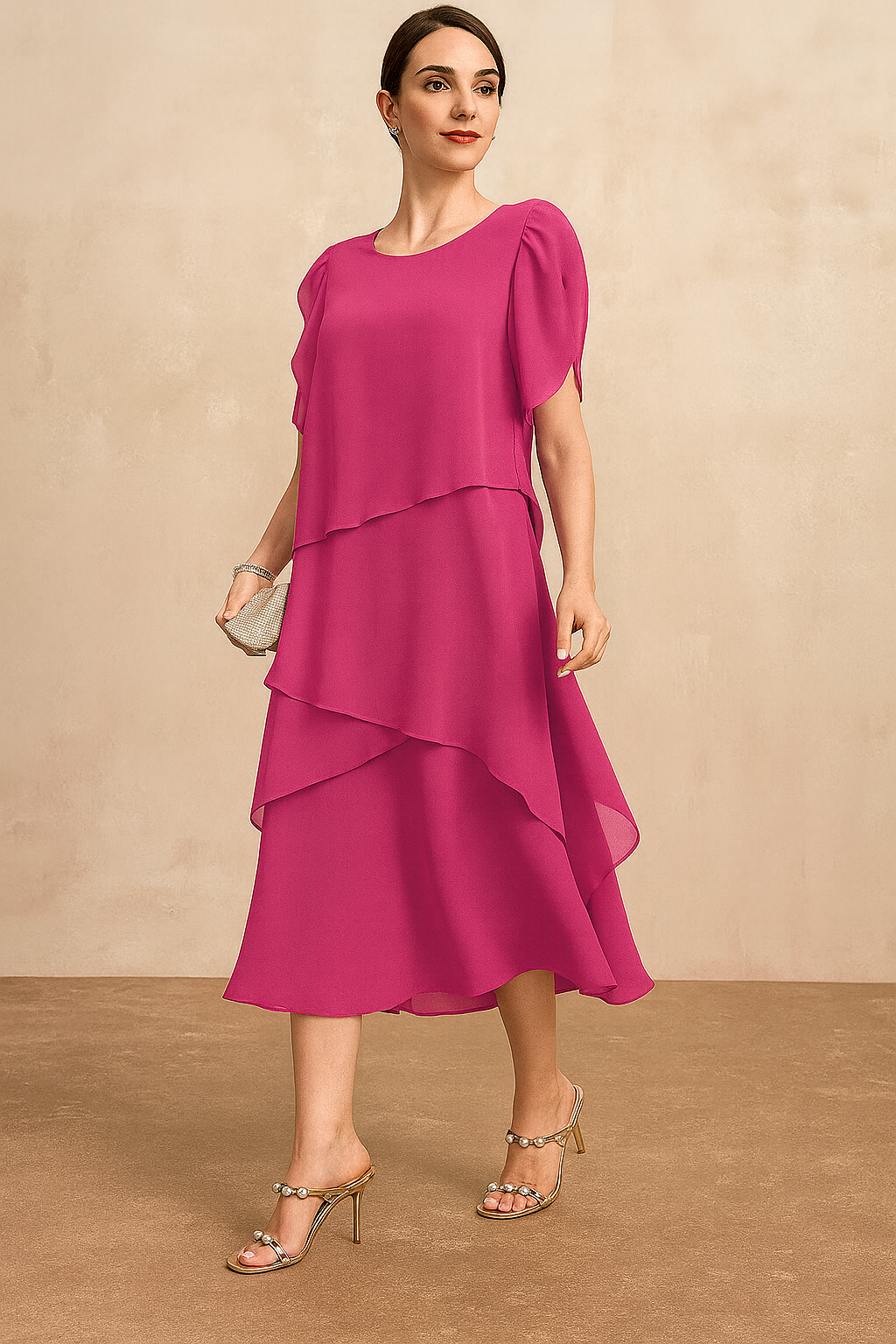 Women's Layered Flutter Sleeve Midi Dress