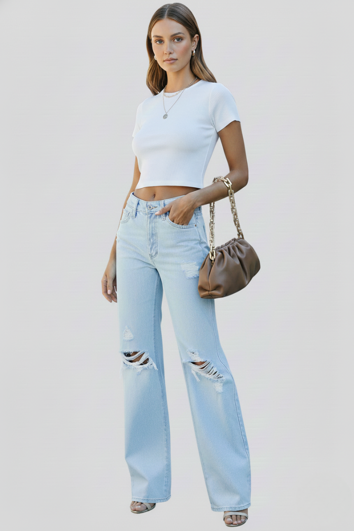 Women's Distressed High Waist Wide Leg Jeans