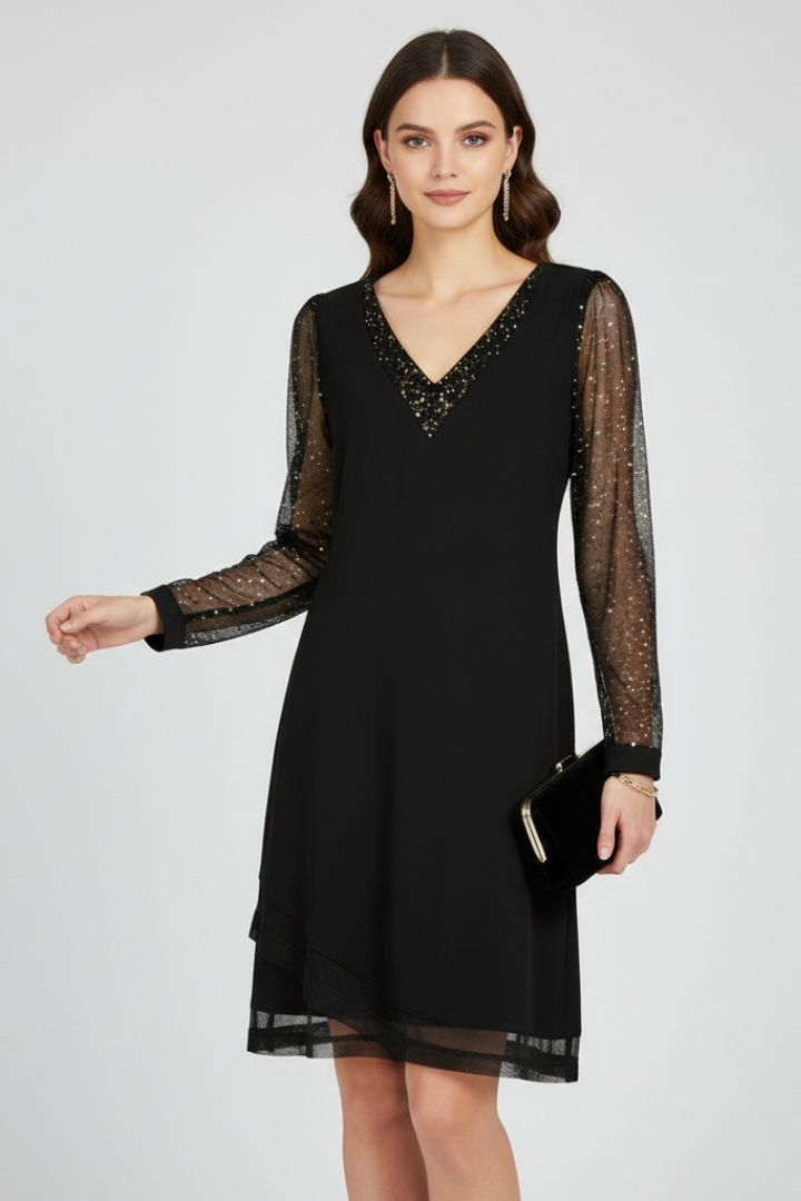 Women's Sequin Sleeve V-Neck Cocktail Midi Dress