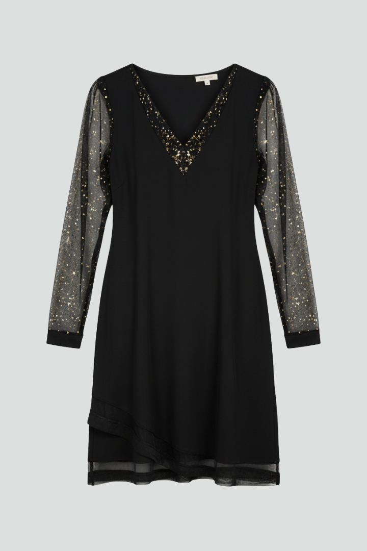 Women's Sequin Sleeve V-Neck Cocktail Midi Dress