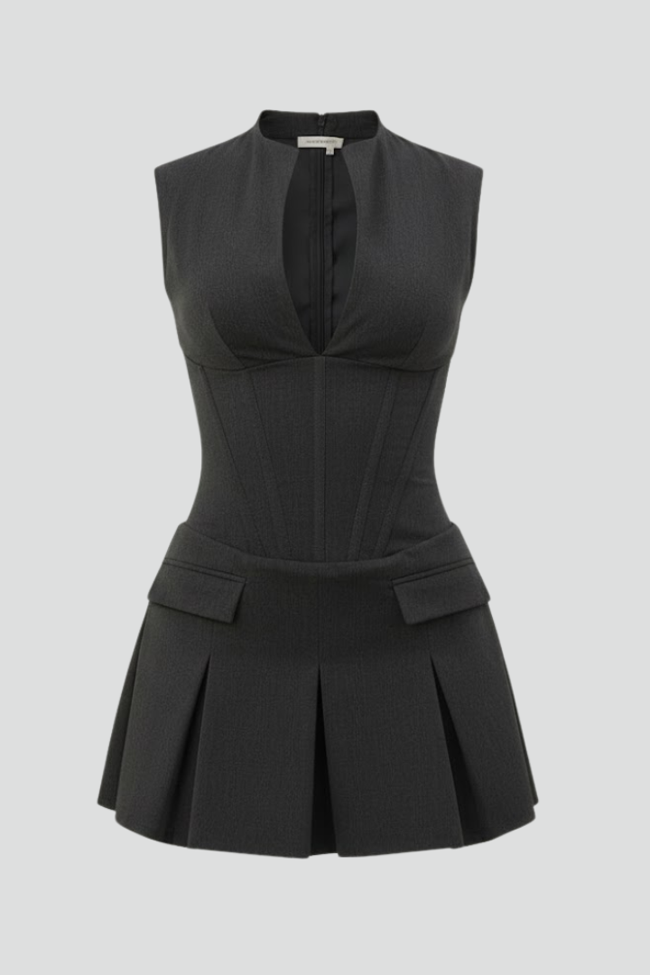 Women's Plunge Neck Pleated Mini Dress