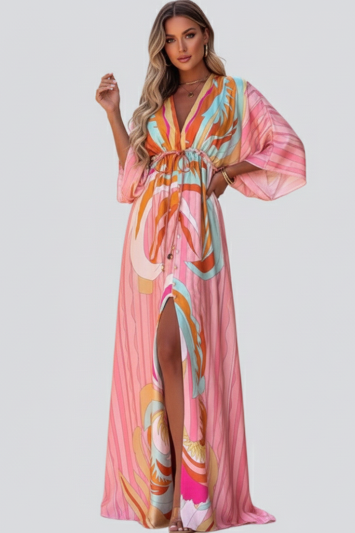 Women's Printed V-Neck Belted Maxi Dress