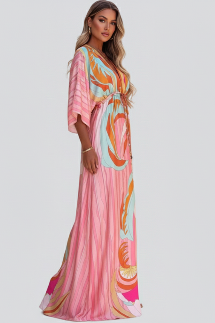 Women's Printed V-Neck Belted Maxi Dress