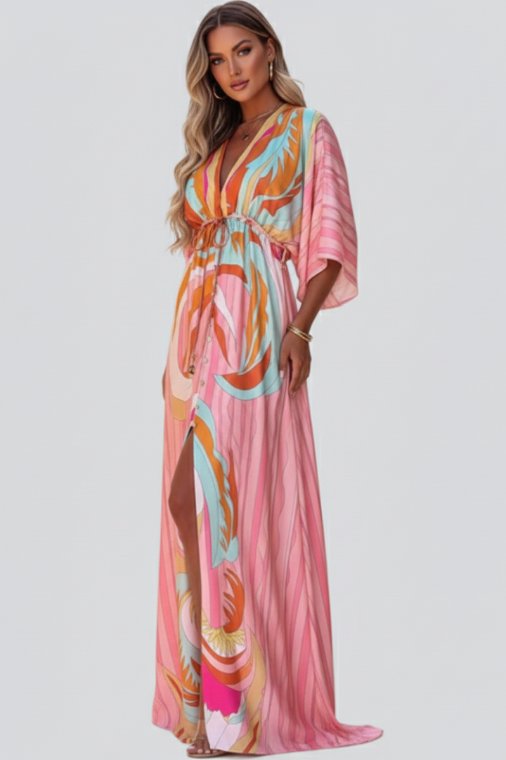 Women's Printed V-Neck Belted Maxi Dress