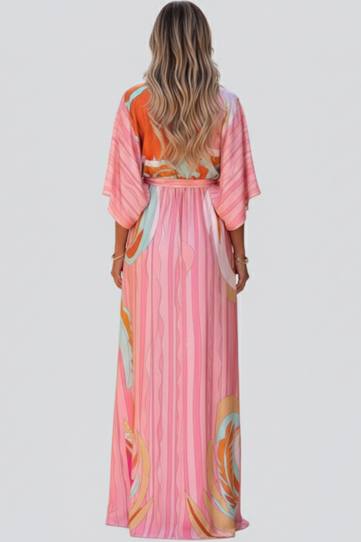 Women's Printed V-Neck Belted Maxi Dress