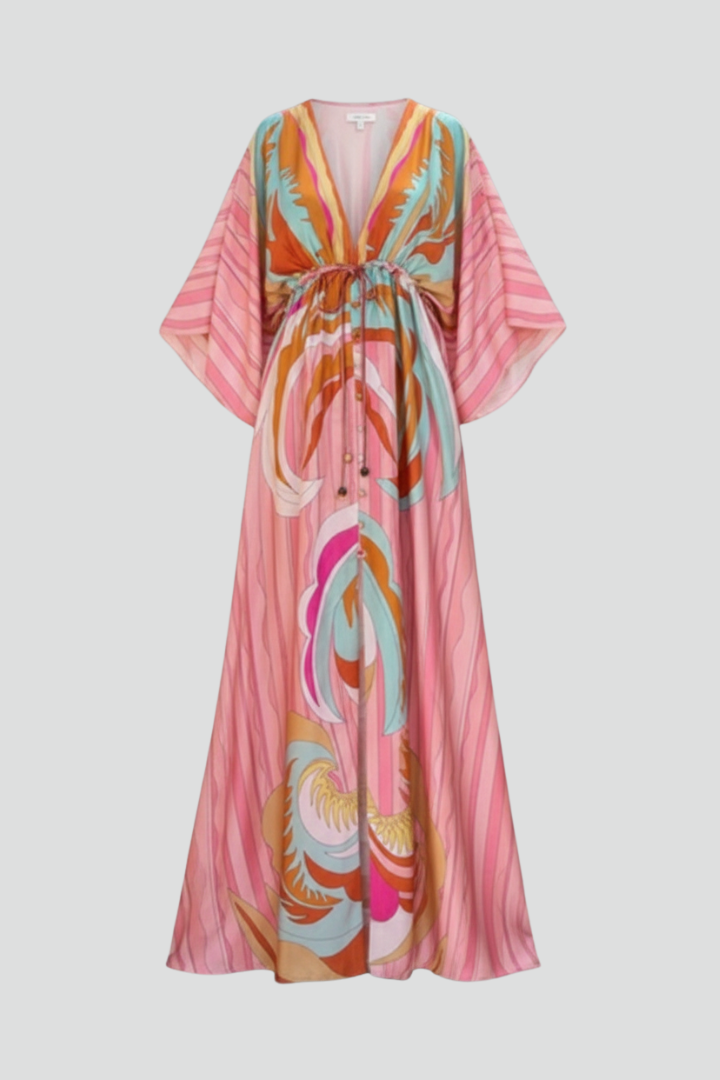 Women's Printed V-Neck Belted Maxi Dress