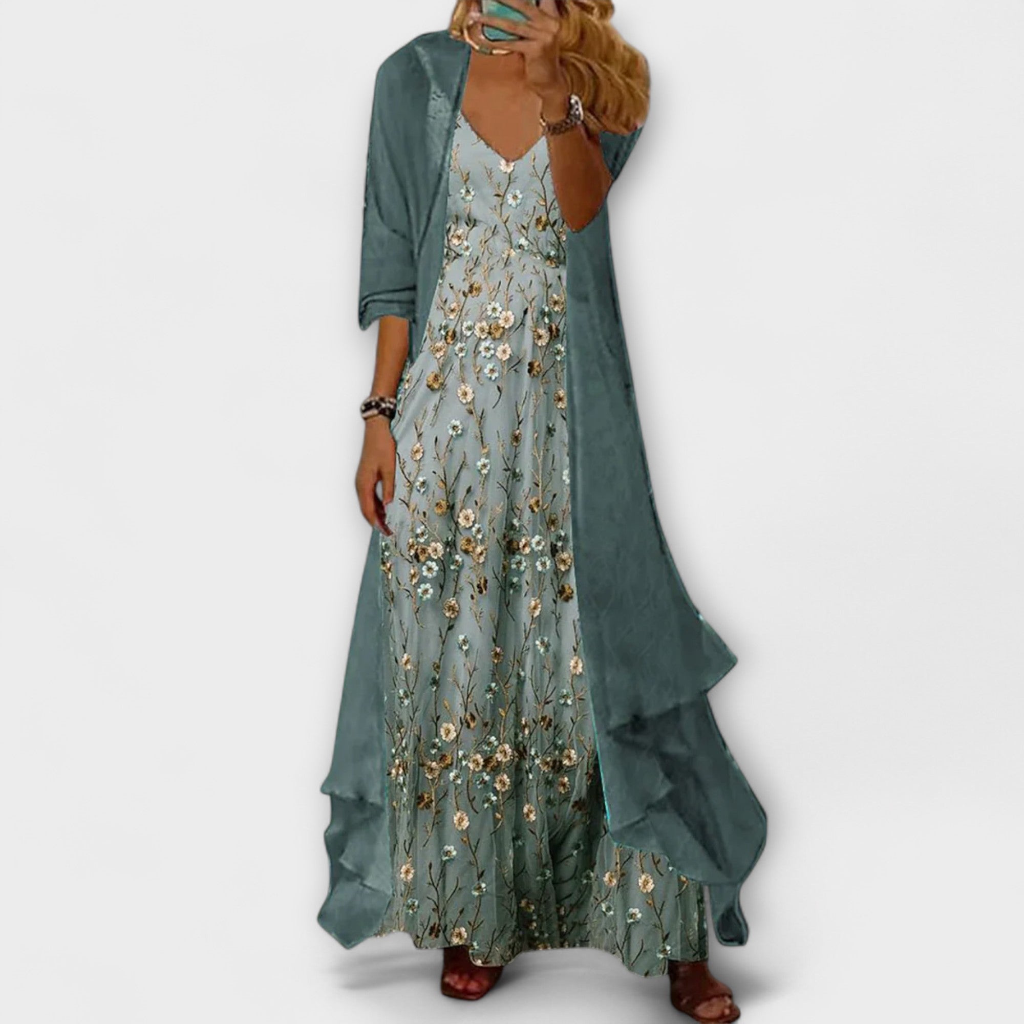 Women's Floral V-Neck Layered Maxi Dress
