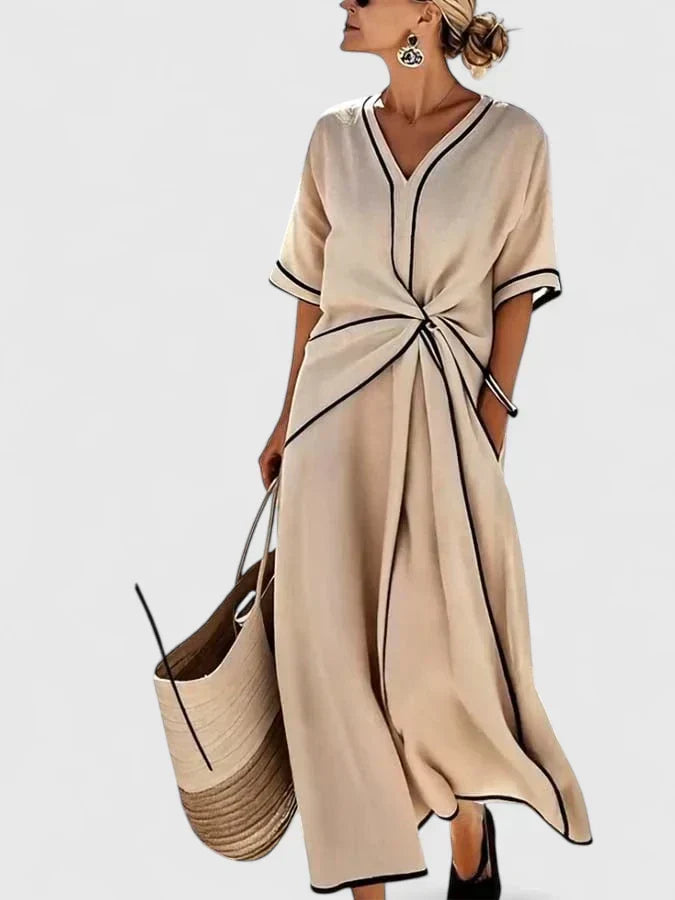 Women's V-Neck Tie-Waist Midi Dress