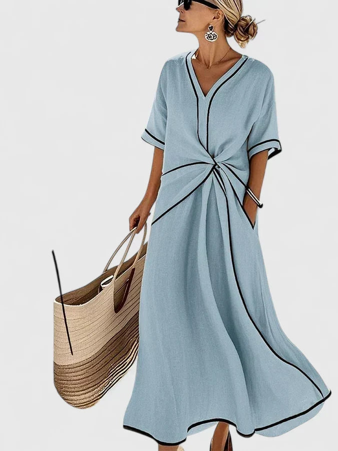 Women's V-Neck Tie-Waist Midi Dress