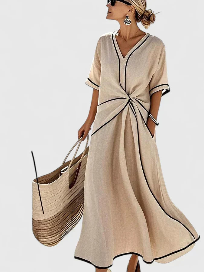 Women's V-Neck Tie-Waist Midi Dress